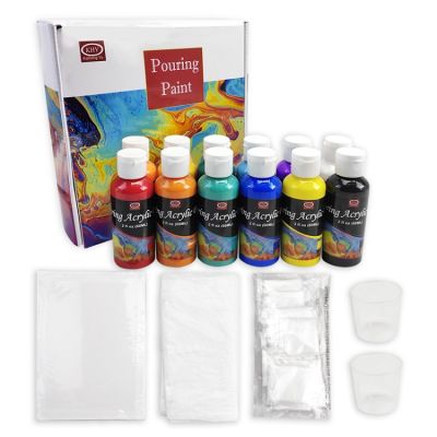 Amazon 12 Colors Non-toxic Pouring Acrylic Paint Fluid Art Set with Drawing Board Cups Table Cover for DIY Painting