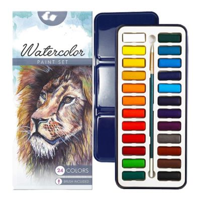 Fast delivery box paint watercolor 24 colors solid pigment paint set watercolor with tin box