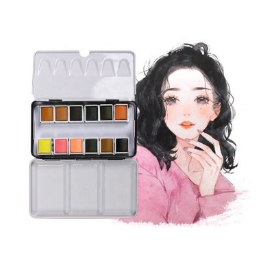 Fast delivery supply 12 colors pocket portable color set mini solid half pan watercolor with tin box