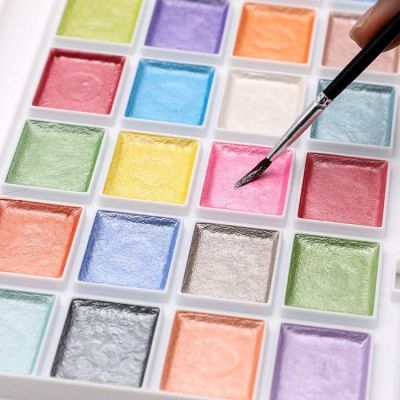 26 colors metallic glitter shimmer watercolor paints set half pan semi-dry water colors painting water colour watercolour