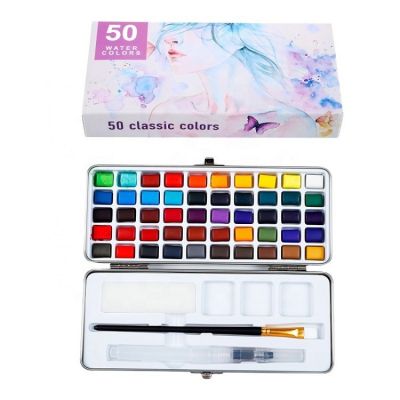 Amazon hot 50 colors water colour paint kit watercolor paint set colors with 1 water pen 1 brush