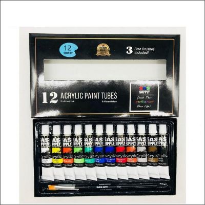 Non toxic promotional artist 12pcs 12ml acrylic paint with 3 brushes