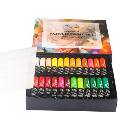 Hot Sale 48 Colors Artist Acrylic Paint Set In Coloring Paper Box With 6 Brushes And 1 Palette