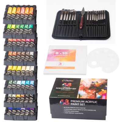 Hot Sale 48 Colors Artist Acrylic Paint Set In Coloring Paper Box With 12 Brushes 3 Canvases And 1 Palette