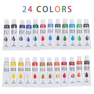 Amazon Hot Sale 24pcs 12ml Acrylic Paint Set For Artist With 3 Brushes 1 Canvas and 1 Paint Palette