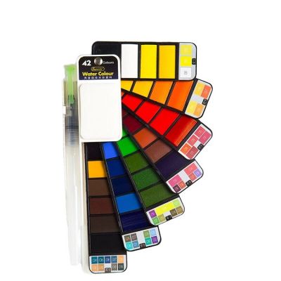 Superior 42 Color Solid Watercolor Paints Pigment With Water Brush Gift Pen Pocket Travel Fan Shape Solid Watercolor Paint
