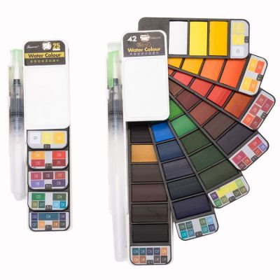 Superior 25colors Paints Pigment With Water Brush Gift Pen Pocket Travel Fan Shape Solid Watercolor Paint