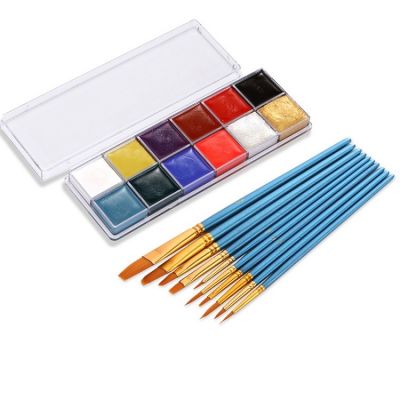 12Colors+10Pcs Watercolor Paint Brushes Set Face and Body Paint Non-toxic Artist Suppliers