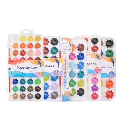 Amazon hot selling 12 16 24 28 36 colors solid water color cake , kids non toxic art watercolor paint set with brush pen