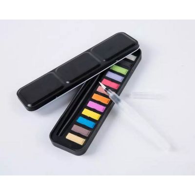 Black Tin Solid Cakes Children Painting Art Watercolor Paint Set With Brush pen