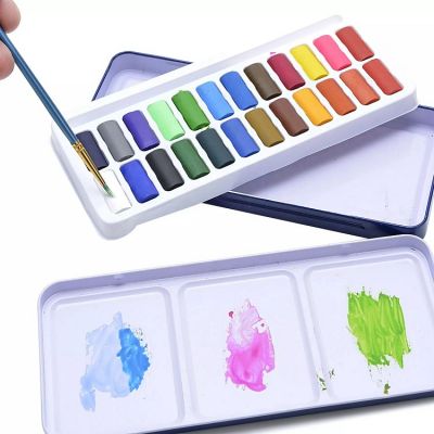 24 colors solid water colour paint pan cake set with portable tin box