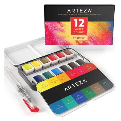 Set of 12 Assorted Vibrant Colors in Half Pans Tin Box with Water Brush Pen for Artists and Kids Art Supplies for Painting