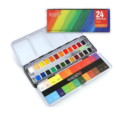 Watercolor Paint Set 24 Assorted Vibrant Solid Colors in Tin Box with Refillable Water Brush Pen Perfect for Students Kids Beg