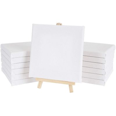 Mini Canvas Panels 6 x 6 inch Pack of 12 with Tiny Pine Wood Display Holder canvas Easels set for oil acrylic painting
