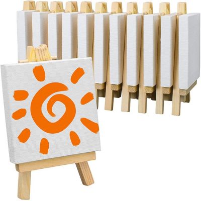 3x3 Inch Mini Stretched Canvas Easel Set Bulk Pack of 12 Small Stretched Blank Canvas & Wood Easels for Painting