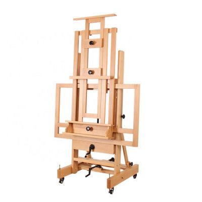 high quality solid beech wood portable wooden artist sliding easel with casters and double rocker