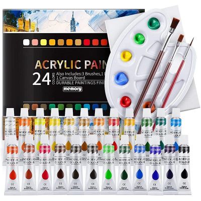 Amazon 24 Colors Acrylic Paint Set With Brushes,Palette,Canvas For Beginners, Students and Professionals DIY Painting