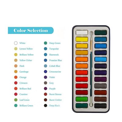 Lightweight portable 24 vibrant colors solid watercolor paint kits plus paint brush for watercolor painting