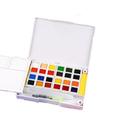 Portable 24colors travel water color sold paint with 2 sponges and 1 water brush pen and mixing palette