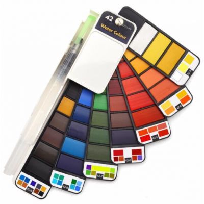 42 Colors Professional Fan Shaped Solid Water Color Painting With Water Brush For Drawing