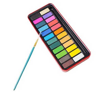 24 Colors Portable Solid Watercolor Set with Paint Brush Iron Box for Drawing Painting
