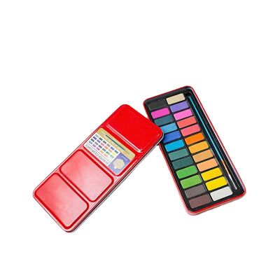 Autumn Water 24 Colors Portable Solid Watercolor Set Solid Water Color Paints Set with Paint Brush Iron Box for Drawing Painting