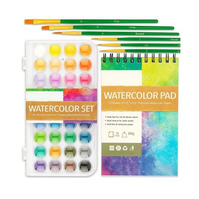 High Quality 36 Colors Premium Watercolor Paint Set With 12 Sheets Pad 6 Brush