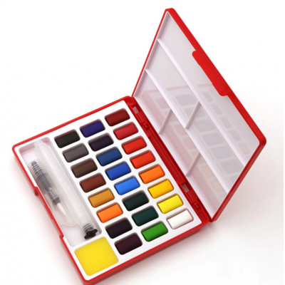 High Quality Non-toxic 24 Colors Solid Watercolor Paint Set With Palette Sponge Paint Brush For Painting