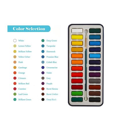 Artist Portable Travel 24 Colors Solid Watercolor Paint Set with Water Brush