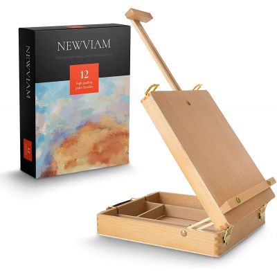 Portable Table Top Artist Desktop Easel Box WIth Paint Brush Set