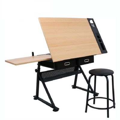 Height And Angle Adjustable Drawing Table Mdf Tabletop Drafting Table With Stool And Storage Drawer