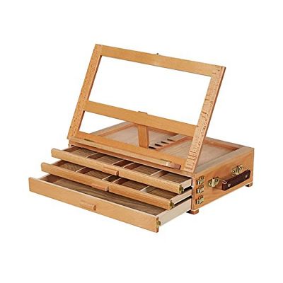 Adjustable Artist Tabletop Sketchbox Easel- Multi-Function Solid Beech Wood Storage Box Easel with 3-Drawer for Art
