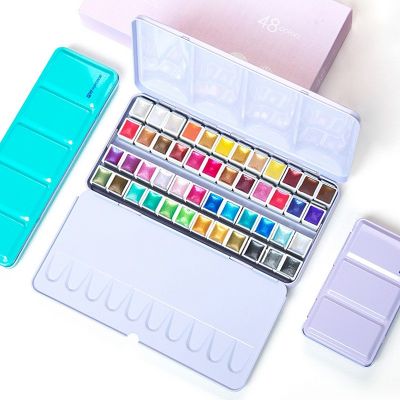 Superior Portable 12/24/48 Colors Pearlescent Watercolor Paints Set Tin box Pigment Solid Paint Set Palette For Art Supplies