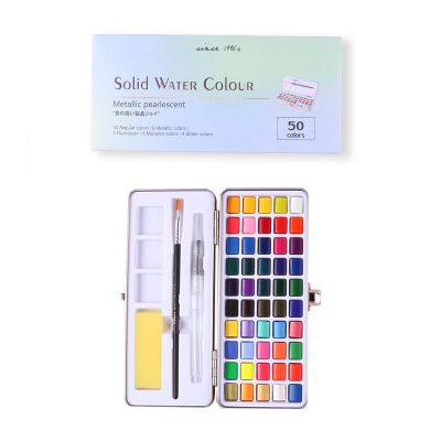 Glitter Metallic Solid Watercolor Paint Set 50 Tin Box with Water Brush and Nylon Hair Brush for Beginners