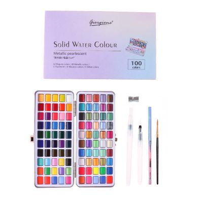 Amazon 100 Colors Portable Travel Solid Pigment Non-toxic Safe Watercolor Paints Set With Refillable Water Brush Pens