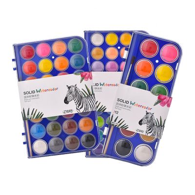 Factory hot sale 12/16/18/24/36 colors solid water color Pressed powder watercolor paint with transparent PVC box