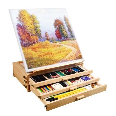 Customized High Quality Wooden 3-Drawer Box Easel Brush Storage Art Box Easel