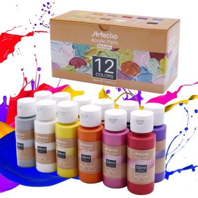 Acrylic Paint Set of 12 Metallic Color Paints, 2Ounce/59ml Vibrant Paint for Art Paint, Decorate, Supplies for Wood