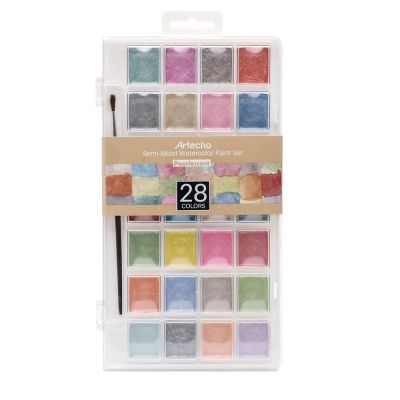 watercolour Semi-Moist Paint Set, 28 Metallic Colors Watercolor Cake Set with Classic Paint Brush, Idea for Kids