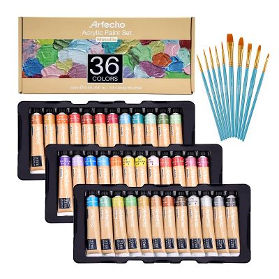 Acrylic Paint Set of 36 Colors, 22ml / 0.74oz Metallic Paint Kit with 10pcs Brushes Supplies for Canvas