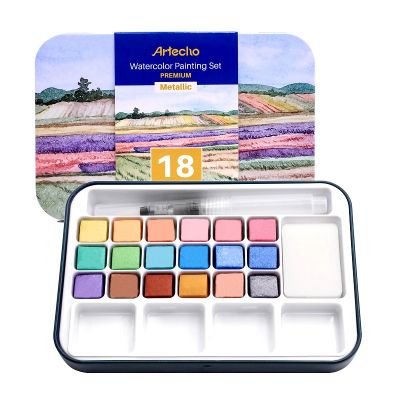 watercolour paint set with 18 Metallic Colors, Including Water Brush Pen, Sponge and blank color chart in watercolor paint