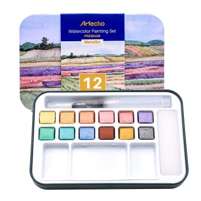 Watercolour Paint Set with 12 Metallic Colors, Including Water Brush Pen, Sponge and blank color chart in watercolor