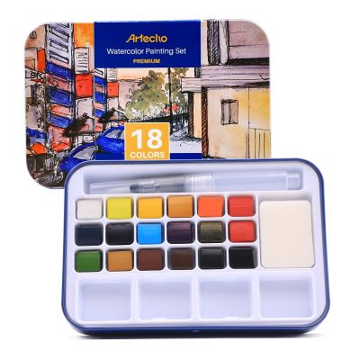 Watercolour Paint Set with 18 Vibrant Colors, Including Water Brush Pen, Sponge and Blank Color Chart in Watercolor