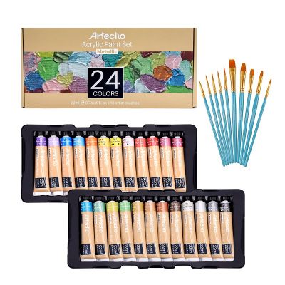 Acrylic Paint Set of 24 Colors, 22ml / 0.74oz Metallic Paint Kit with 10pcs Brushes Supplies for Canvas