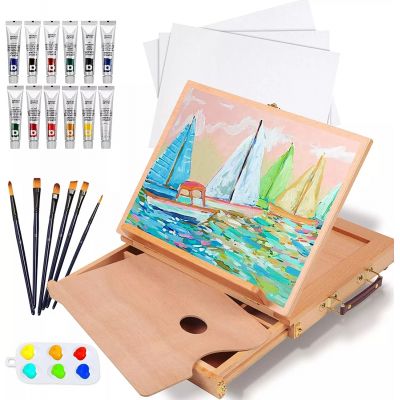 24 Pieces Tabletop Easel Set With 12 Tubes Acrylic Paints, Canvas Panels, Brushes, Palette