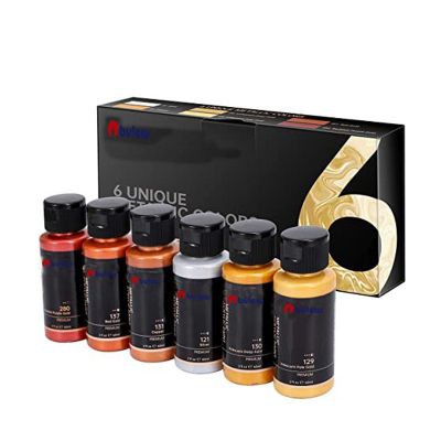 Rich Pigments, High Viscosity, Shiny Iridescent Metallic Effect Premium Metallic Acrylic Paint Set 6 Assorted Metallic Colors