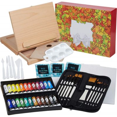 46 Pcs Easel Painting Set With Acrylic Paints Set Canvas Panels Brushes Set Wood Palette