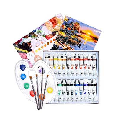 Popular 24 Colors Aluminum Tube Acrylic Paint Set With Canvas Panel 5 Pcs Paint Brushes