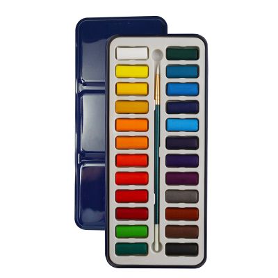 Professional Artist 24 Cake Solid Watercolor Paint Set with Brush Metal Case for Art Painting