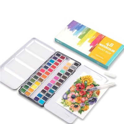 Amazon Hot Selling 48 Color High Quality Watercolor Travel Pan Sets with Watercolor Tin Palette,Paint Brush Non-Toxic for Artist